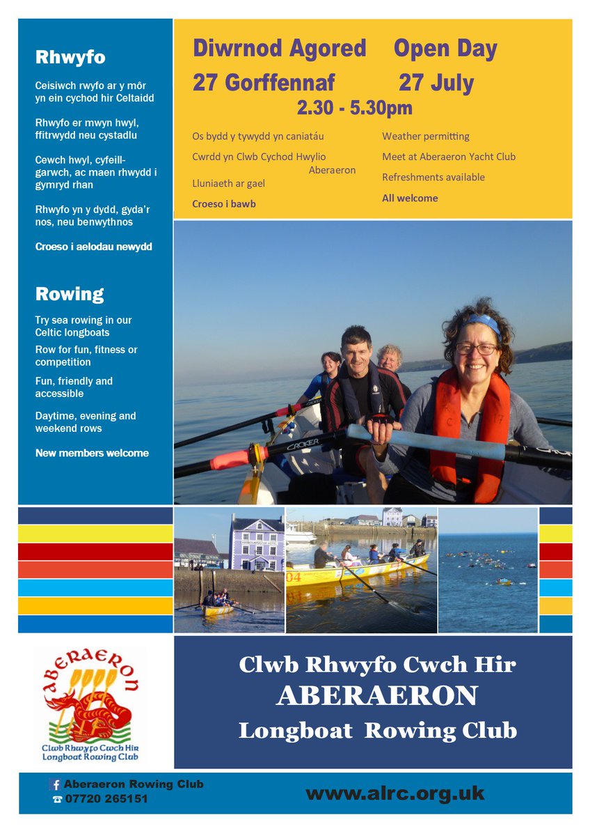 Diwrnod Agored Clwb Rhwyfo Cwch Hir. Dydd Sadwrn 27 Gorffennaf, 2.30pm. Ceisiwch rwyfo ar y môr yn ein cychod hir Celtaidd. Croeso i bawb. #Aberaeron #rhwyfo