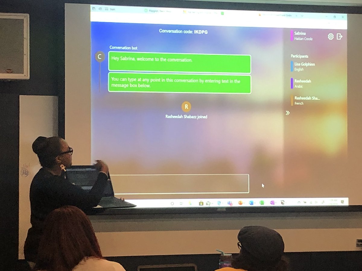 scwil85's tweet photo. Microsoft Translator group demonstration at MIE. Great tool for teachers, parents and students. #MIE #MicrosoftEdu https://t.co/7CSAIwQKQS