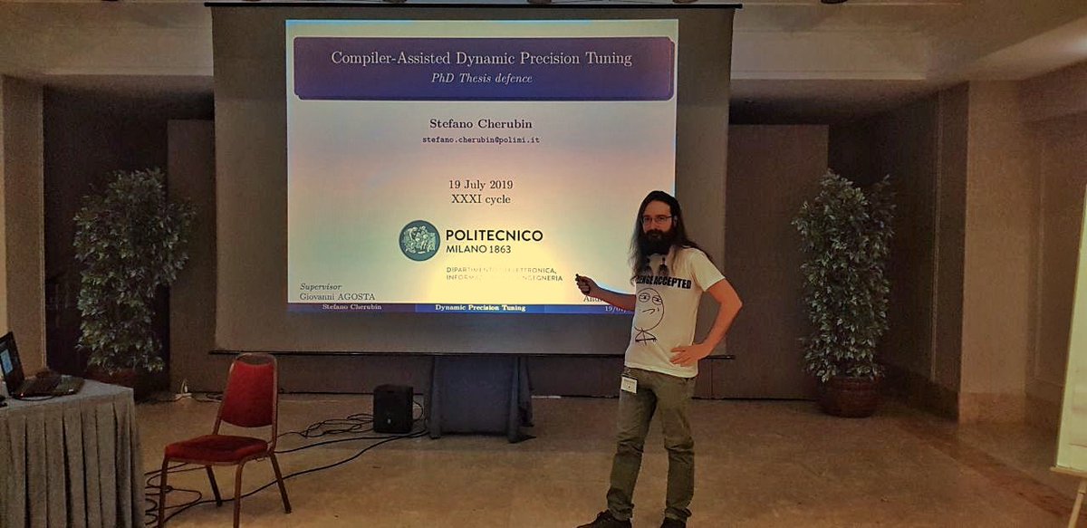 hipeac's tweet image. Today, Stefano Cherubin @polimi defended his PhD thesis 'Compiler-Assisted Dynamic Precision Tuning' remotely from #ACACES19! #ACACES is a great opportunity to find students in similar areas + get in contact with international experts, he says. This is his fourth year here 👏👏👏