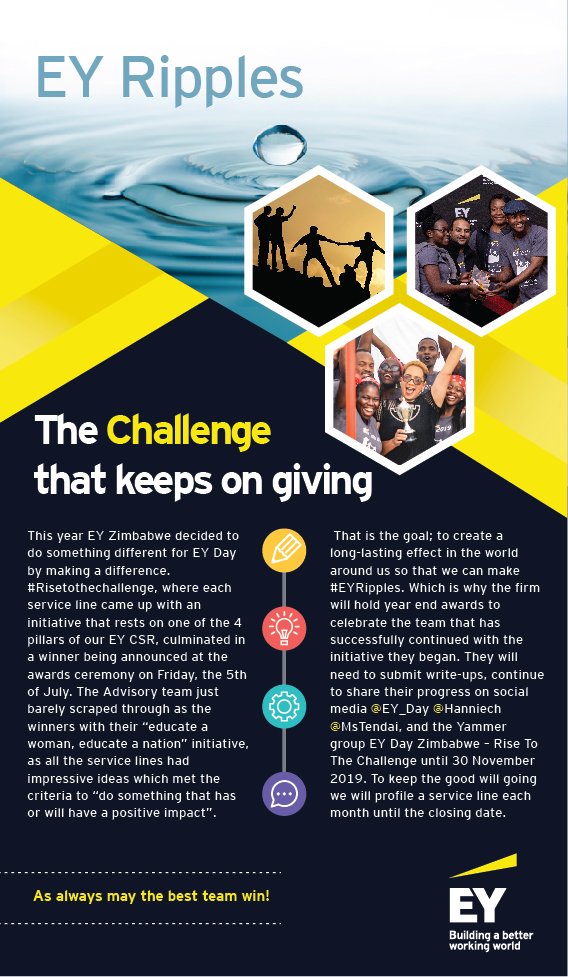 The #RiseToTheChallenge continues and the #EYZimbabwe🇿🇼 teams will need to submit write-ups and share the progress they make on social media until 30 November 2019, where we will award the most active! As always may the best team win🥇! @EY_Africa #eyripples