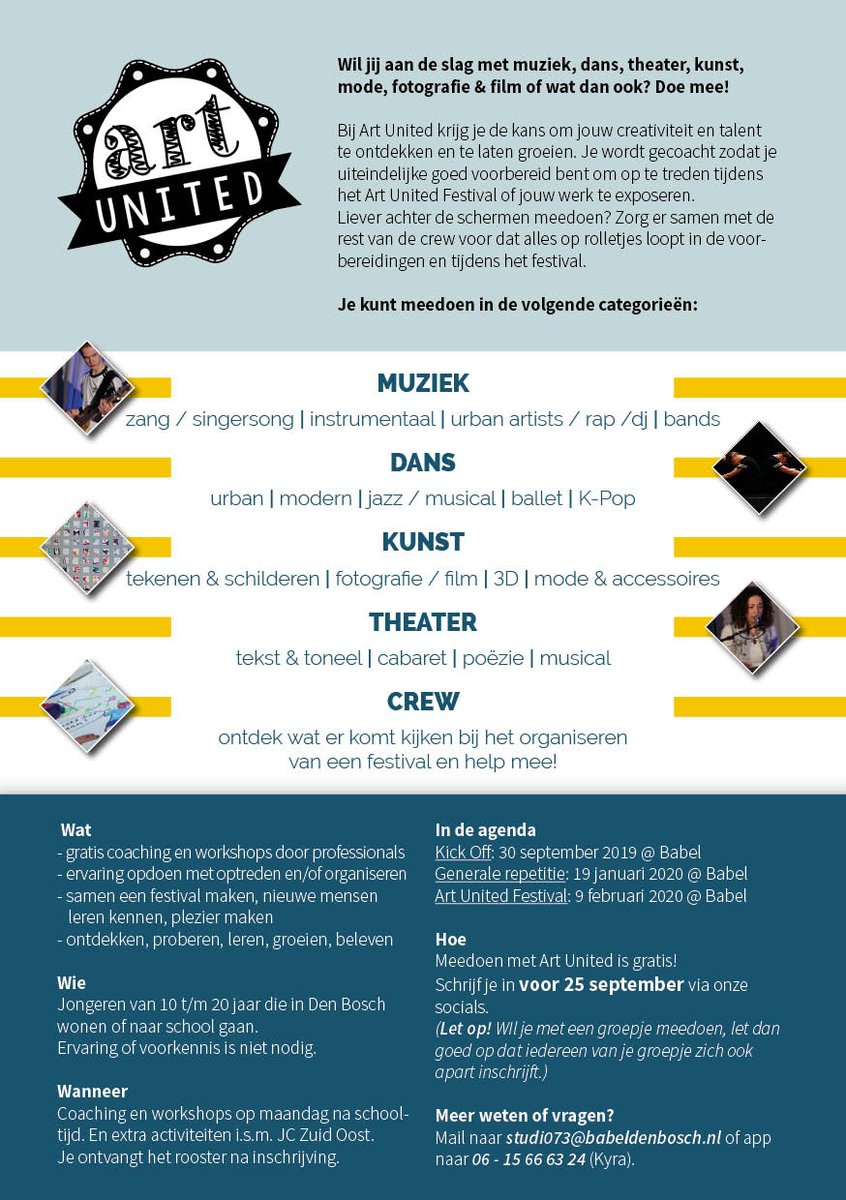 studi073's tweet photo. Hoera het vijfde seizoen van #artunitedfestival gaat starten na de zomer bij @babeldenbosch . Nu al meer weten en inschrijven? Check de link: https://t.co/KM3kSQ8tYs https://t.co/6V1kl6Lg2E
