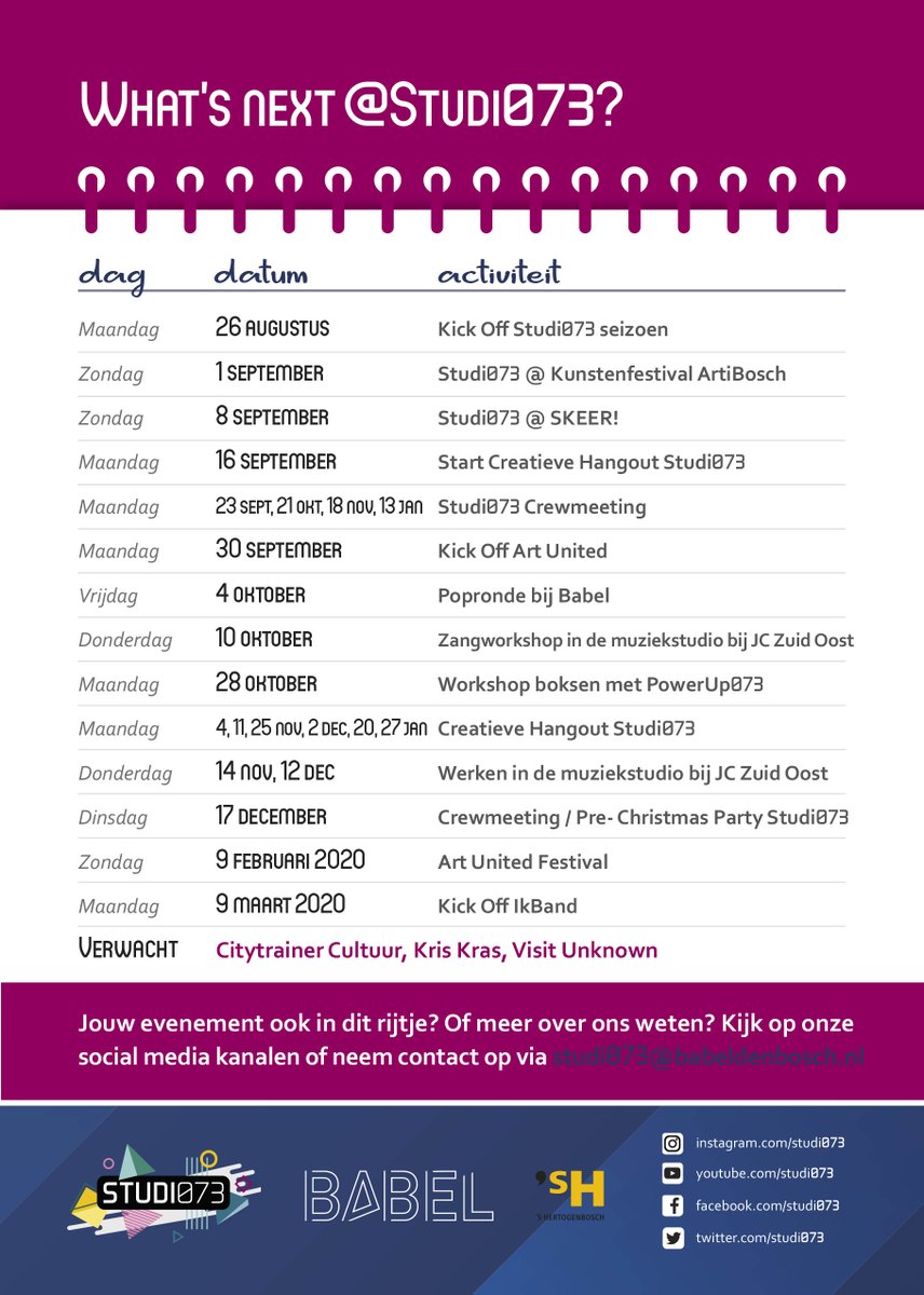 studi073's tweet photo. Weten wat er nog meer op de #agenda van Studi073 staat? Check dan onze nieuwe flyer #versvandepers #denbosch #jongeren #cultuur #doemee https://t.co/AaVRkfY7z3