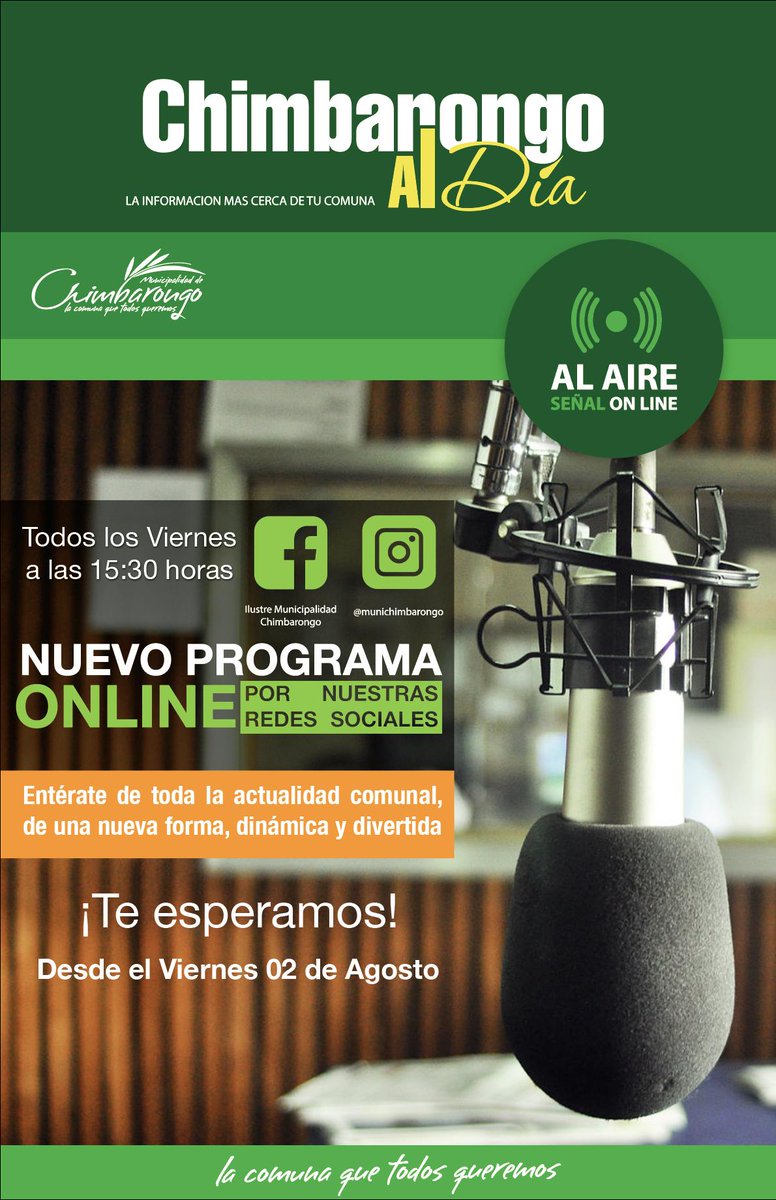 ChimbarongoMuni's tweet photo. ¡Desde el 02 de agosto a las 15:30 horas "Chimbarongo al Día TV" por nuestras Redes Sociales! https://t.co/CzI7jvQJBK