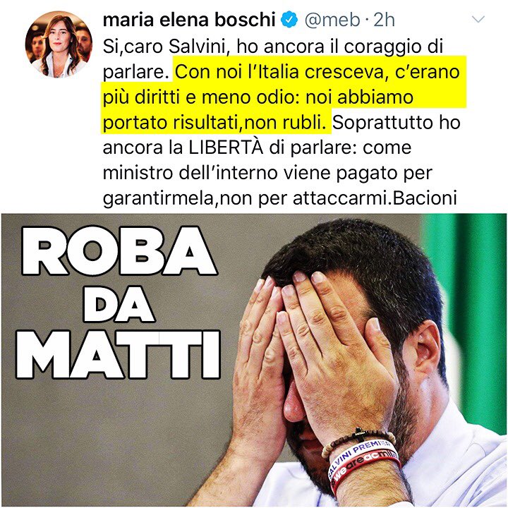 matteosalvinimi's tweet photo. “Con noi, l’Italia cresceva, c’erano più diritti e meno odio: noi abbiamo portato risultati, non rubli”. L’ha detto Maria Elena Boschi, attaccandomi.
Già, l’Italia cresceva, col fallimento delle banche, la legge Fornero e migliaia di sbarchi al giorno... Ma per favoreeeee! https://t.co/05bifWjWSU