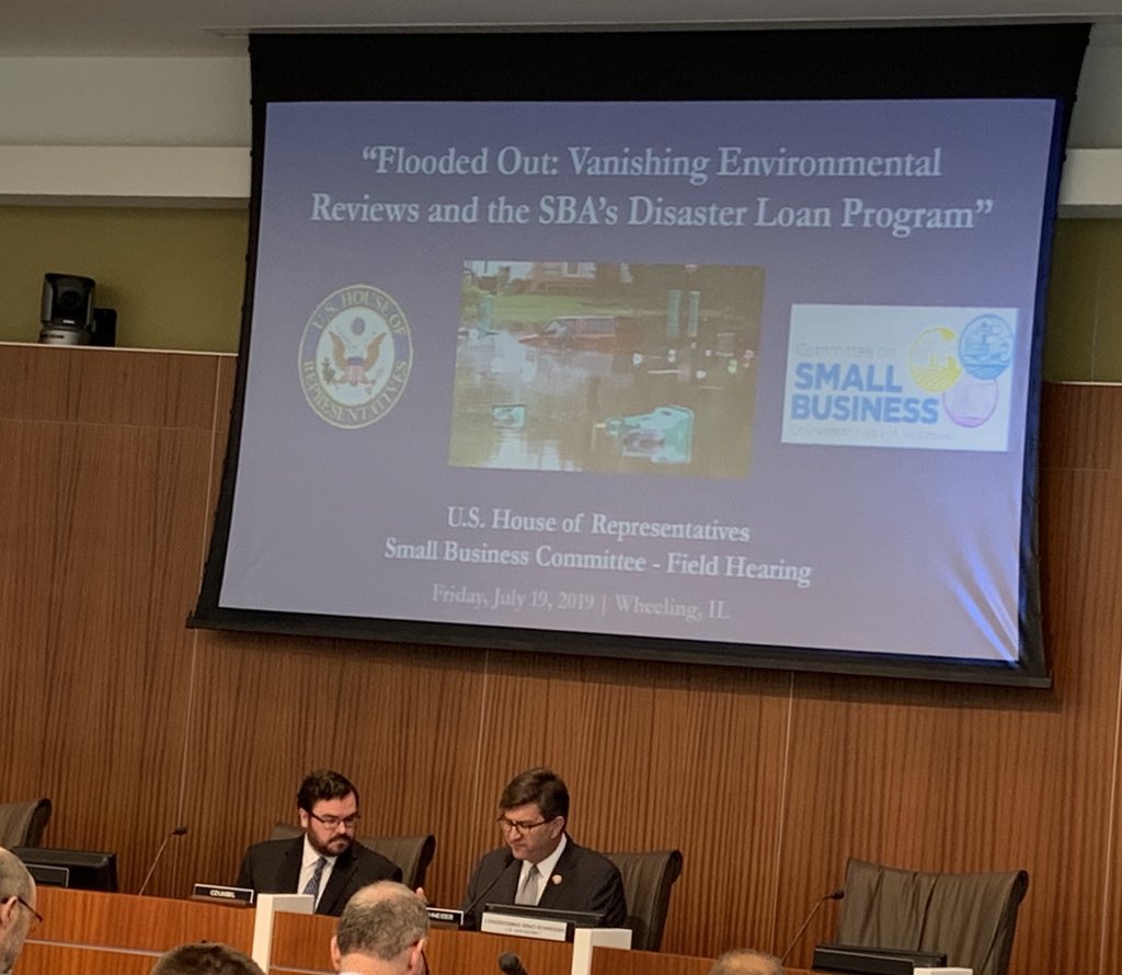 DavidMcEllis's tweet photo. At the @HouseSmallBiz committee in Wheeling,IL. @HowardELPC will testify today. Thank you @NydiaVelazquez for holding this hearing on #foxconn and the importance of Environmental regulations. Thanks @RepSchneider for inviting @ELPCenter. #floodedout https://t.co/6pQxbAO3lQ