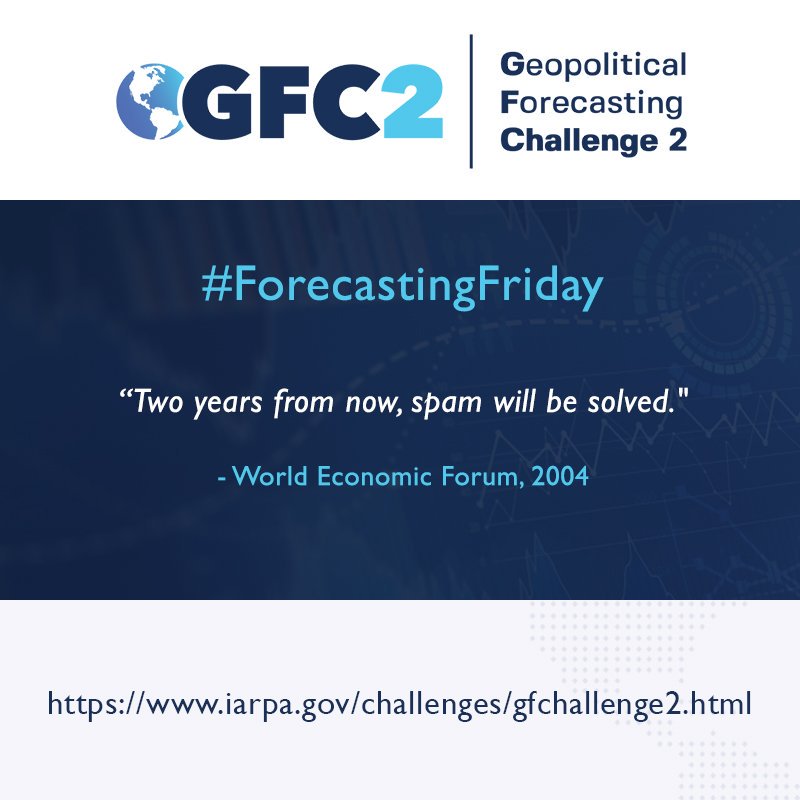 IARPAnews's tweet photo. One prediction we really wish came true.... Today, spam accounts for over 90% of all emails sent. Join the #IARPAGFchallenge2 to create your own forecasting methods, and make a difference in the world of forecasting: https://t.co/uWjtb1T2Xh #ForecastingFriday #datascience https://t.co/8NW7HdjCkG