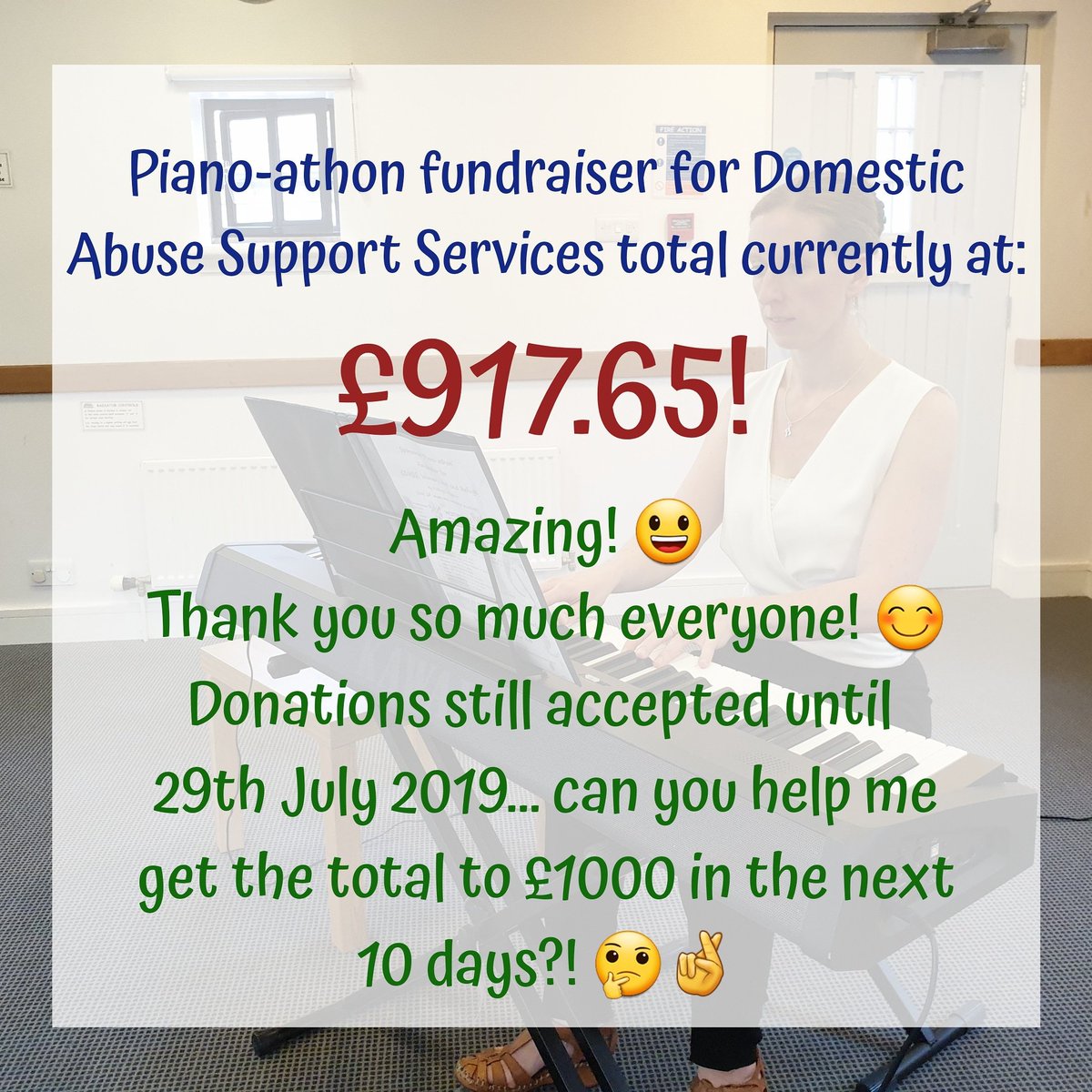 GPandHuman's tweet photo. Can we hit £1000?! 🤞
https://t.co/ZIbGPonHjD
#pianoathon #pianist #piano #sponsoredpianoathon #amateurpianist #fundraiser #gdass #refugecharity #womensaid #domesticabusefundraiser #domesticabusesupport https://t.co/2GLBsroDwG