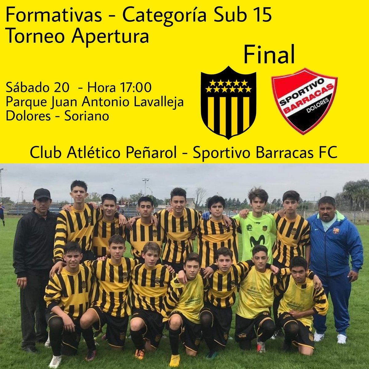 Formativas - Categoría Sub 15
Se disputa la final del Torneo Apertura .

Nuestro equipo se mide con Sportivo <a href="/barracasdolores/">Sportivo Barracas F. C.</a> a las 17:00 horas en el Parque Juan Antonio Lavalleja.

Invitamos a todos  los carboneros que concurran y alienten a nuestros jugadores.
Vamos Chiquilines
