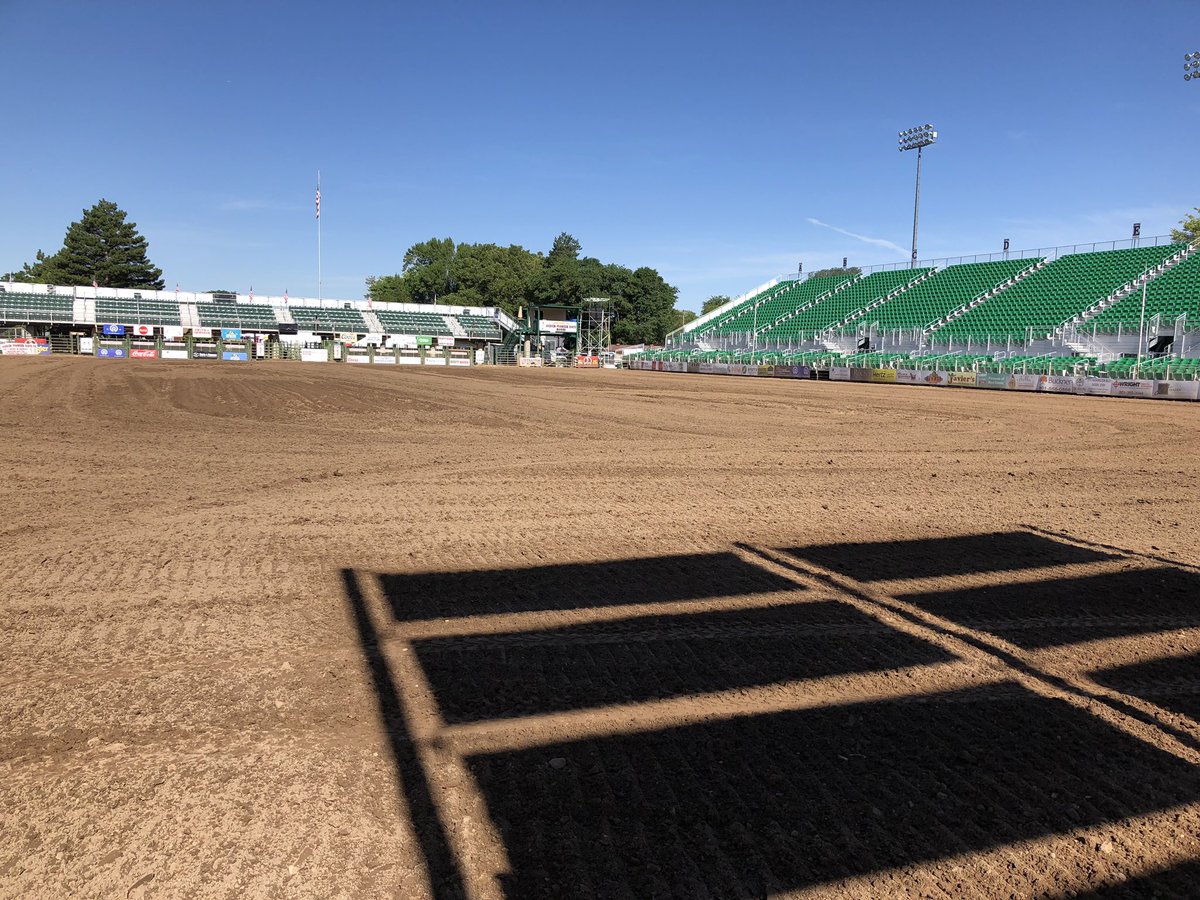OgdenPioneerDay's tweet photo. T-minus 8 hours until crowds begin to pack #Ogden Pioneer Stadium for the first night of #OPD2019. Crews were up early to work ground, make sure Jumbotron is ready. Get tix @SmithsTix. Who is coming? @PRCA_ProRodeo #WeAreProRodeo #fortheride https://t.co/wlUM6wm53b