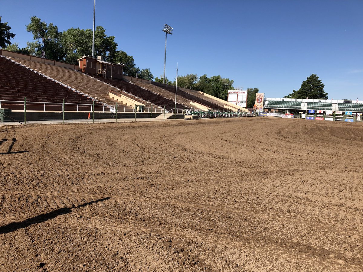 OgdenPioneerDay's tweet photo. T-minus 8 hours until crowds begin to pack #Ogden Pioneer Stadium for the first night of #OPD2019. Crews were up early to work ground, make sure Jumbotron is ready. Get tix @SmithsTix. Who is coming? @PRCA_ProRodeo #WeAreProRodeo #fortheride https://t.co/wlUM6wm53b