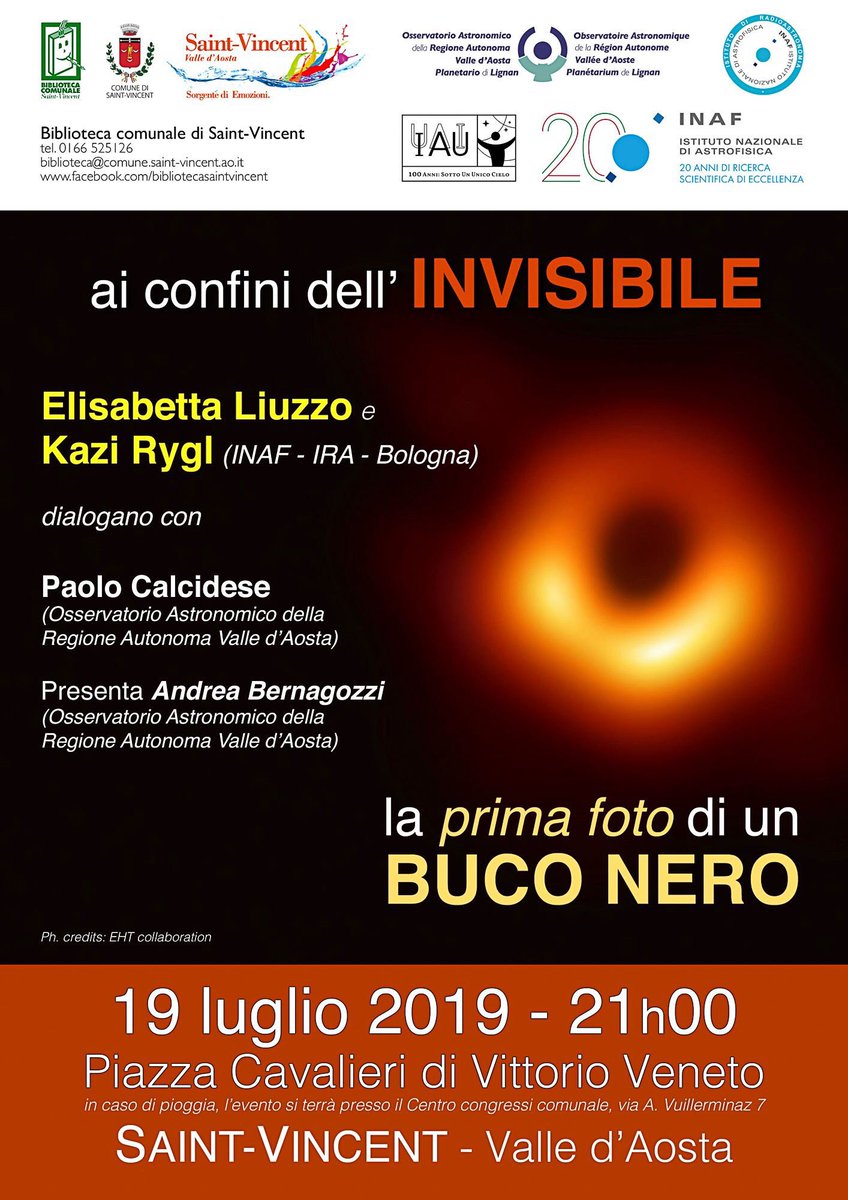 Lo sapete che c’è anche “un po’ di Valle d’Aosta” nella prima foto di un buco nero?

Stasera ore 21:00 a Saint-Vincent Elisabetta Liuzzo e Kazi Rygl 🚀