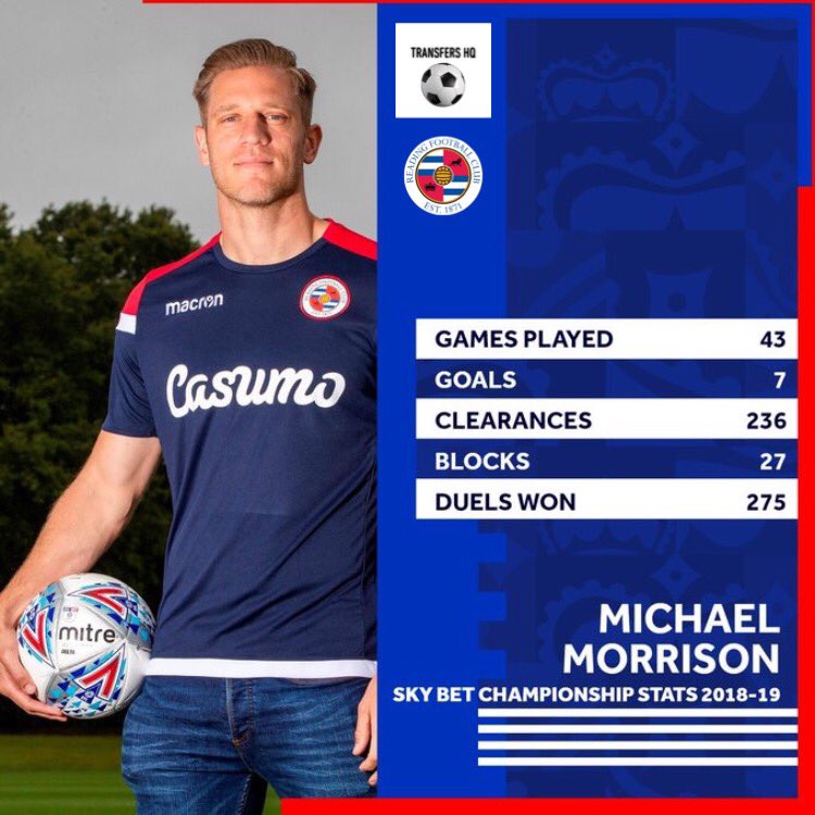 TransfersH's tweet photo. Reading have announced the signing of Michael Morrison from Birmingham City. #ReadingFC #RFC #Reading #BirminghamCity #BCFC #KRO #EFL #TransferNews #TransferTalk #MichaelMorrison https://t.co/BcQlqU0raF