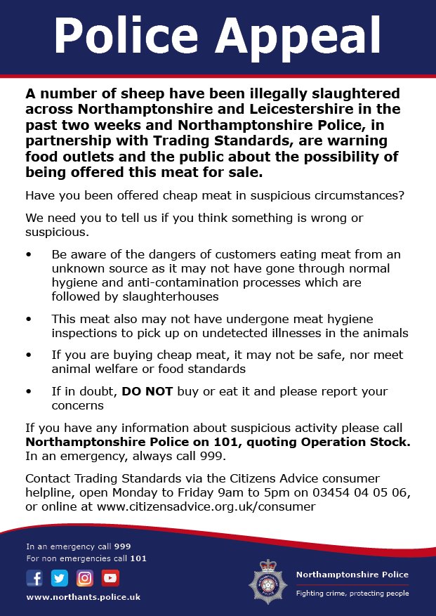 NorthantsPolice's tweet photo. Officers are working with our Trading Standards partners to distribute advice leaflets to food outlets and shoppers as our #OperationStock investigation into illegal sheep butchery continues. Read more here: https://t.co/q8htiTbRm9 #ruralmatters https://t.co/r88r8DbLi8
