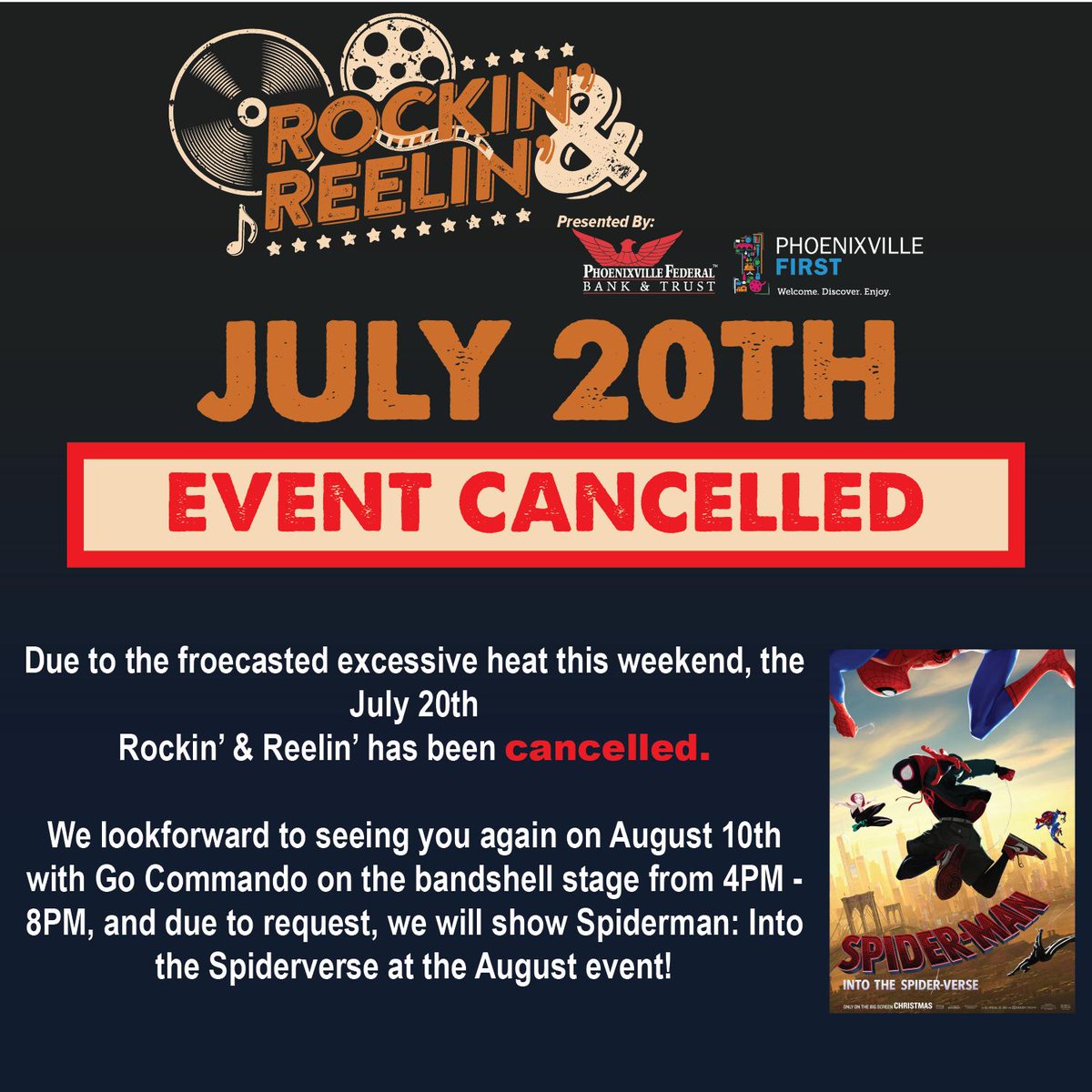 Due to the forecasted excessive heat this weekend, the July 20th Rockin’ &amp; Reelin’ has been cancelled.