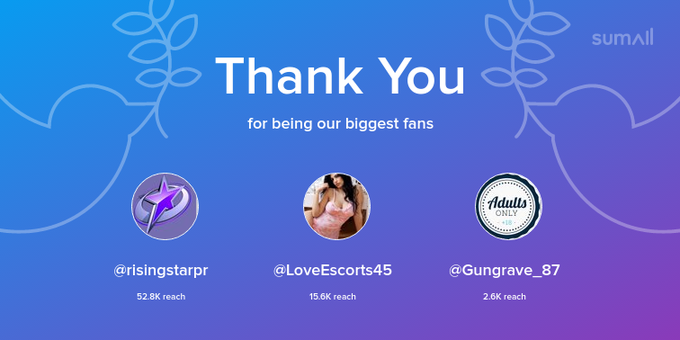 Our biggest fans this week: risingstarpr, LoveEscorts45, Gungrave_87. Thank you! via https://t.co/Ic1sEYJmO8