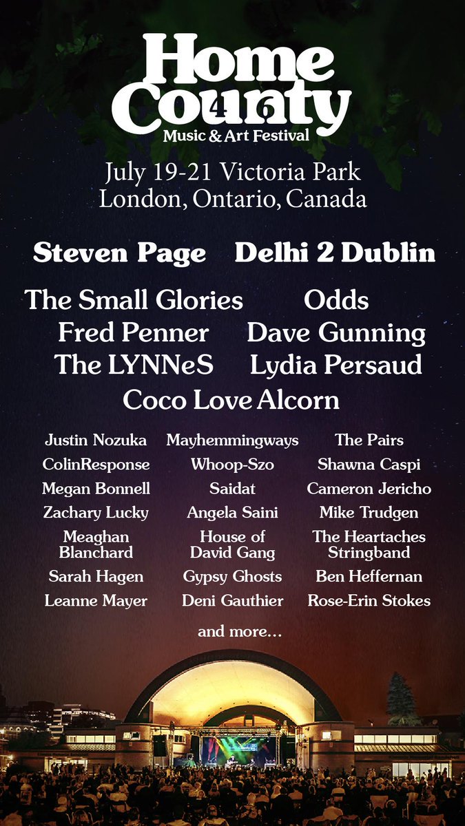 The first day of <a href="/HomeCountyFest/">Home County</a> is here! #LdnOnt's Victoria Park will be taken over by music &amp; art all weekend.

Tonight's mainstage lineup
6:00 pm - <a href="/PennerFred/">Fred Penner</a> 
7:00 pm - <a href="/ThePairsMusic/">The Pairs</a> 
8:00 pm - @cocolovealcorn 
9:00 pm - <a href="/lydiapersaud/">Lydia Persaud</a> 
10:00 pm - <a href="/ColinResponseTO/">ColinResponse</a>