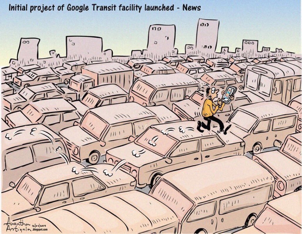 ChampikeM's tweet photo. #google transit launched in #SriLanka - News #lka #traffic cartoon credit @awanthaartigala https://t.co/suZcXct71C