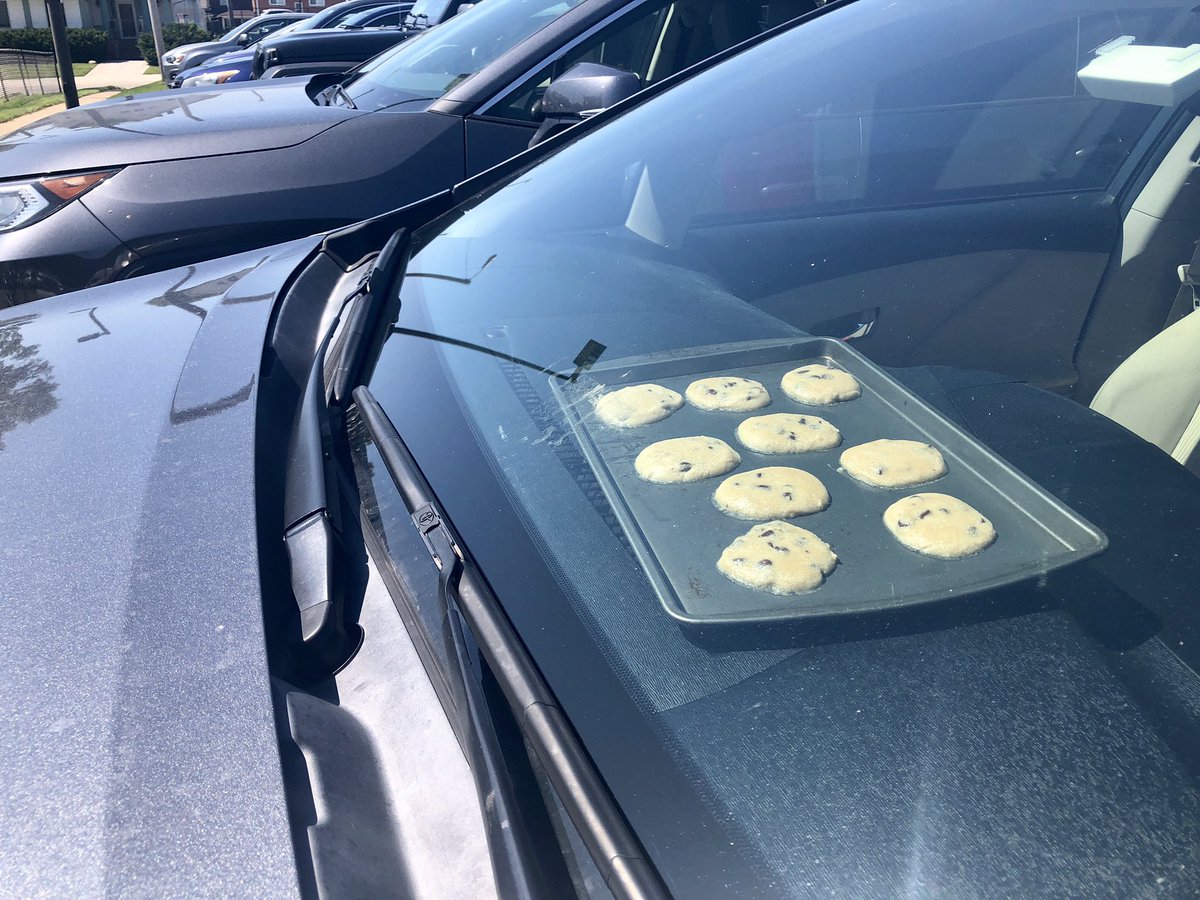 MallorySchnell's tweet photo. 2 hours into #CookieWatch, we’ve switched “ovens”. The pan had made it up to about 165° as of the last reading. Cookies still need more time 🍪 this time, in Clay’s car! https://t.co/oRsiDKpBiw