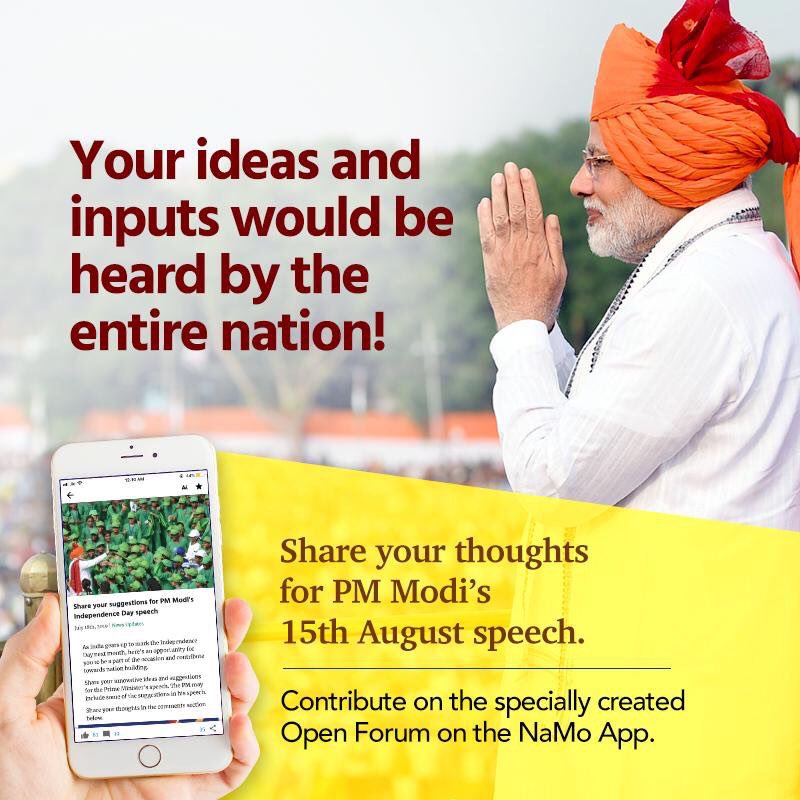 BJP4India's tweet photo. Your ideas and inputs would be heard by the entire nation.

Share your innovative ideas and suggestions for PM Shri @narendramodi's speech for Independence Day 2019 at https://t.co/SRoXHptiHe or NaMo App. https://t.co/nitBtq3ziE