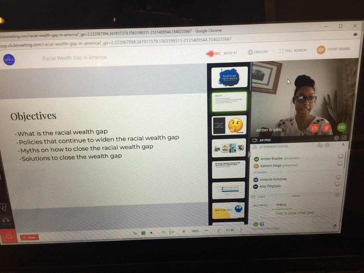 DuneKat14's tweet photo. Greetings! It’s @BeyondGoodIdeas #SocialGood Webinar Week & it’s day 5!! I will be moderating 1 final webinar today! Webinar #9 : Racial Wealth Gap in America: Presented by: Amber Bradley @MSWatUSC Intern. #macrosw #alsosw #community #Redlining #WealthGap https://t.co/a6flNEmR2C