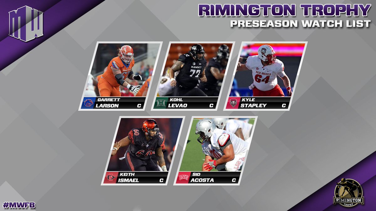 MountainWest's tweet photo. Congrats to all of our athletes who made the @rimingtontrophy Preseason Watch List! 

@BroncoSportsFB - Garrett Larson 
@HawaiiFootball - Kohl Levao 
@UNMLoboFB - Kyle Stapley 
@SDSUFootball - Keith Ismael 
@unlvfootball - Sid Acosta https://t.co/jGqltKcio9