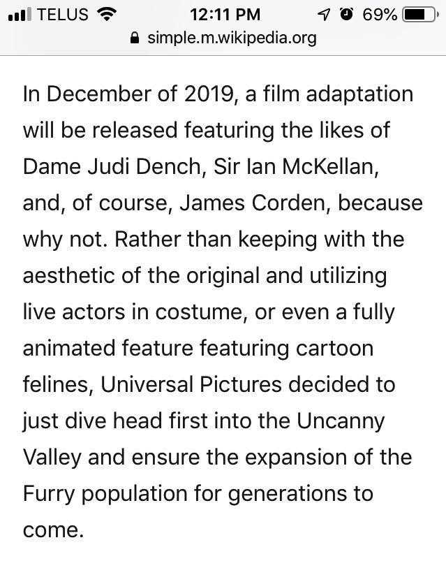_wkjoan's tweet photo. The Wikipedia entries for Cats (2019) are... next level. https://t.co/yGdKxomaED