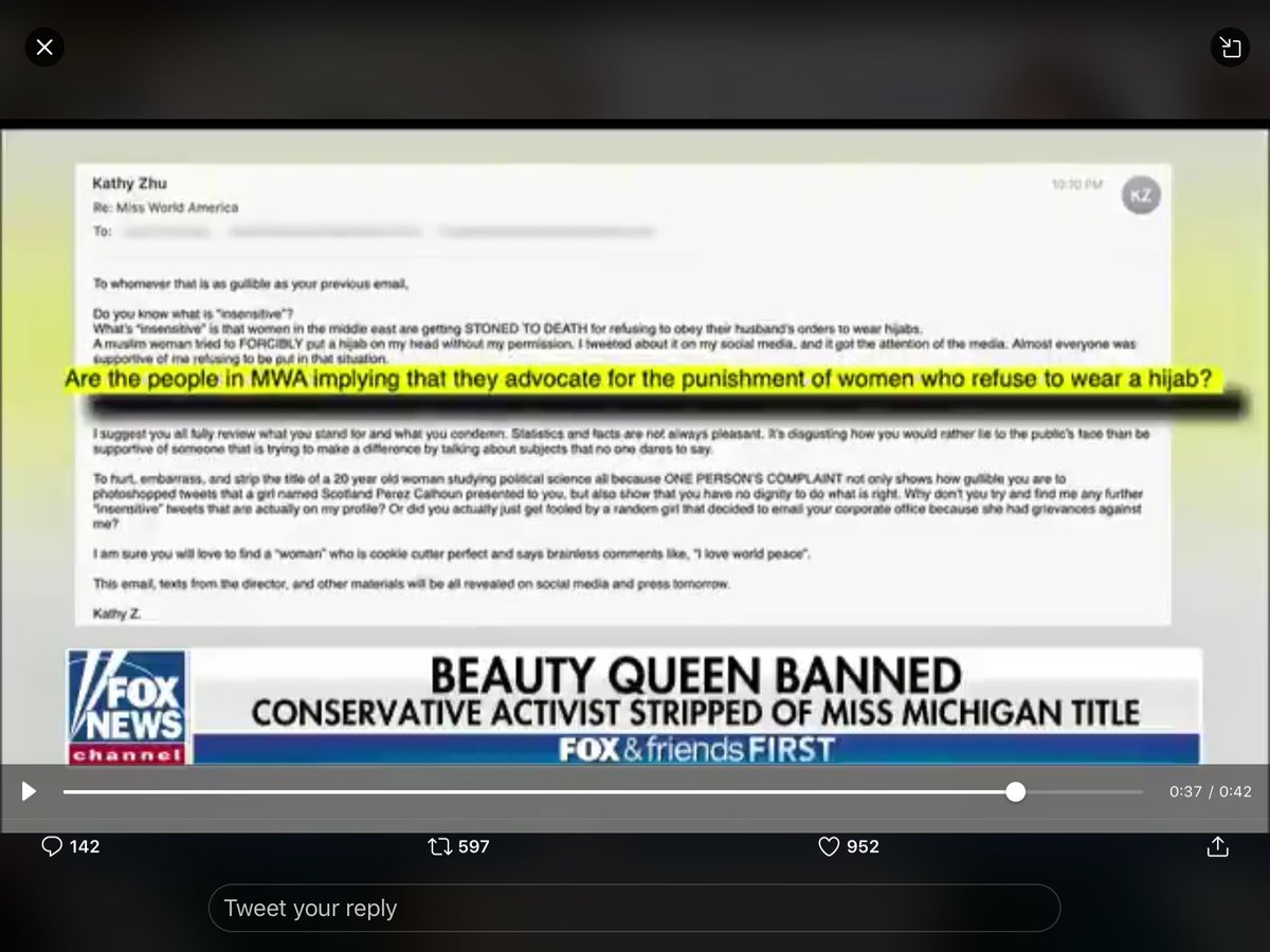 dmills3710's tweet photo. Did @MissWorldLtd Strip Miss Michigan @PoliticalKathy of Title because she โRefused to wear hijabโ & โWas active in Chinese Americans for Trumpโ?!?! #PoliticalCorrectness = Silencing of #VoicesForTruth #FreeSpeech
@POTUS @freedomcaucus @GenFlynn @FDRLST @TuckerCarlson https://t.co/QaM90s0E2J