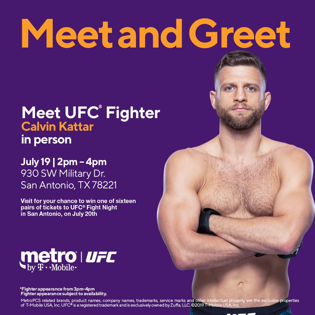 Excited to hang with you guys today at @MetroByTMobile (930 SW Military Dr)! Swing by for a chance to win #UFCSanAntonio tix! See ya’ll in a few 🤠