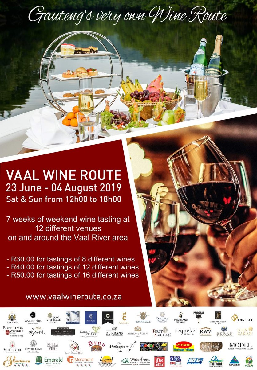 Only R30 to taste 8 wines, R40 for 12 wines &amp; R50 for 16 wines at #Gauteng's very own Wine Route.
Takes place at 12 different venues on the Vaal Wine Route from 12h00 to 18h00 from now until the 4th of August 2019.