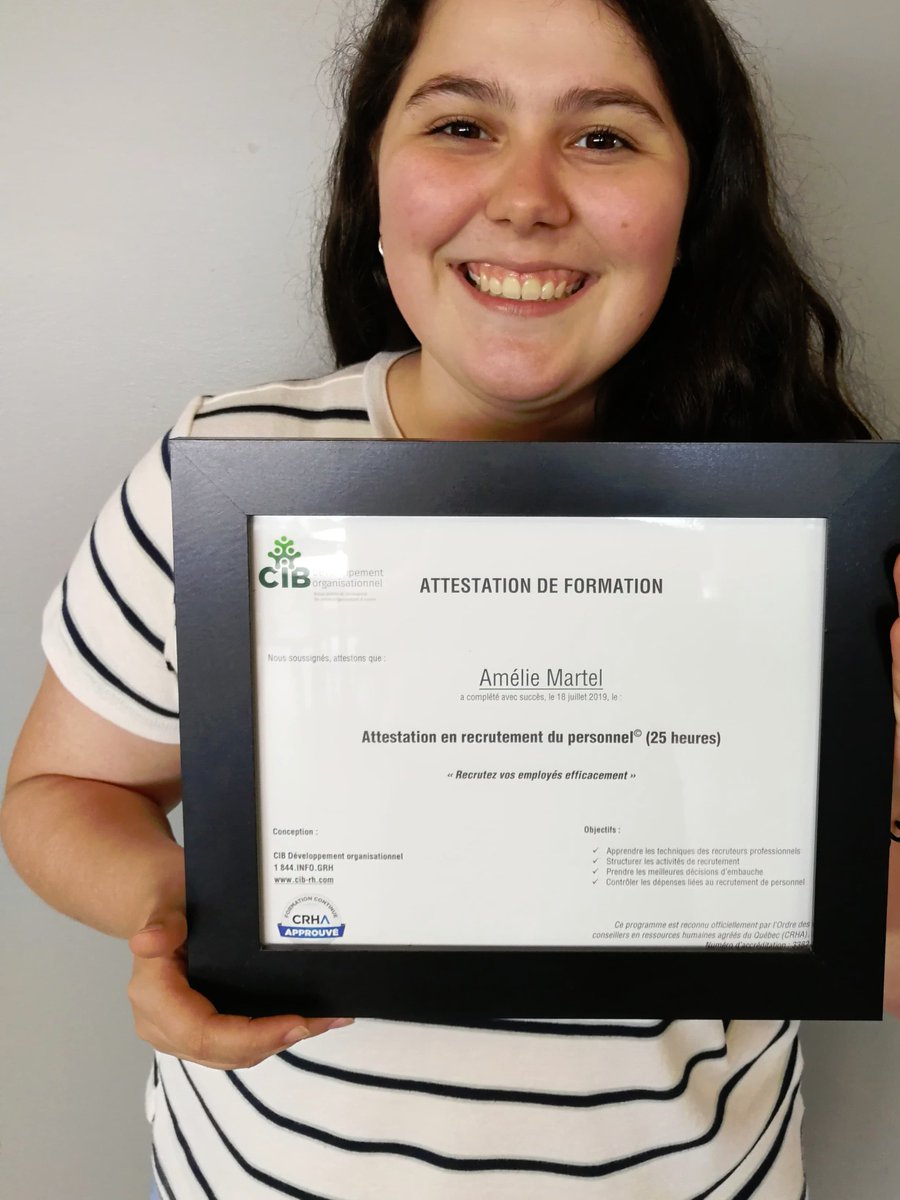 cib_rh's tweet photo. CIB est fière de souligner les efforts et la réussite de Mme Amélie Martel qui a complété ses 25 heures de formation en recrutement. Nous lui avons remis hier son attestation en recrutement du personnel. Félicitations Amélie! #recrutement #formation #RH https://t.co/8fTPmZHIBA