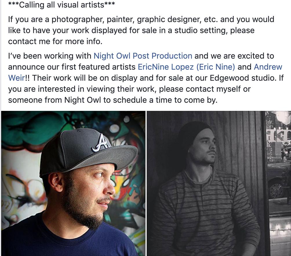 nightowlpostinc's tweet photo. We are stoked for this! Atlanta artists, if interested please feel free to reach out. We love connecting with artists.

#atlanta #visualart #GraphicDesign #photographers #atlantafilm #filmcommunity https://t.co/FvSqYN1JbQ
