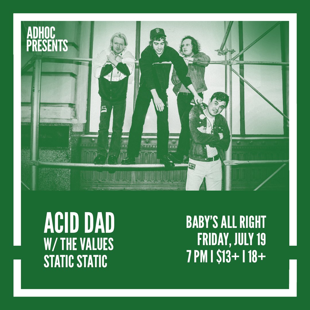 Ferocious fuzz over at <a href="/BabysAllRight/">Baby's All Right</a> tonight!

✖ <a href="/aciddad666/">Acid Dad</a> 
✖✖ <a href="/thevaluesband/">The Values</a> 
✖✖✖ <a href="/StaticStatic/">Static Static</a> 

Get your tickets online or at the door: bit.ly/2YdcHxw