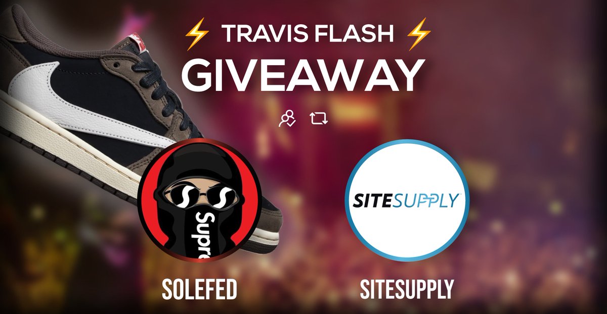 TheSiteSupply's tweet photo. ⚡️ TRAVIS FLASH GIVEAWAY ⚡️

🌵 1x Travis Scott 1 Low Slot 🌵

Rules: 
1) Follow @Solefed @TheSiteSupply
2) RT this tweet ♻️
3) Cross your fingers 🤞

Winner picked in 30 minutes 👀⌛️ https://t.co/favPqsrEhE