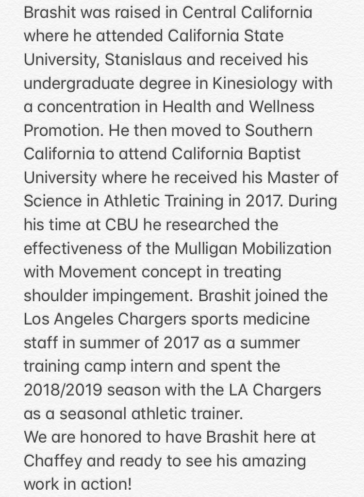 chaffey_at's tweet photo. We are excited to announce our two new certified athletic trainers here at Chaffey College!
First, we have Brashit Tarmani.
Some of his areas of professional interest are blood flow restriction training, active release technique, cupping therapy and the Mulligan technique. https://t.co/BLTxTdMBCI