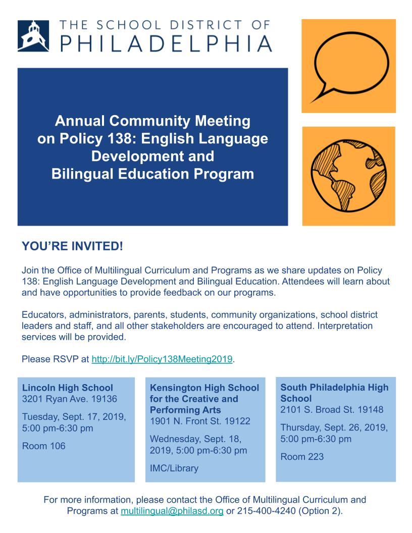 sdp_multilingua's tweet image. YOU’RE INVITED to our Annual Community Meeting on Policy 138! Join us to learn about and provide feedback on our English Language Development and Bilingual Education Programs. RSVP at bit.ly/Policy138Meeti… to attend! #englishlearners