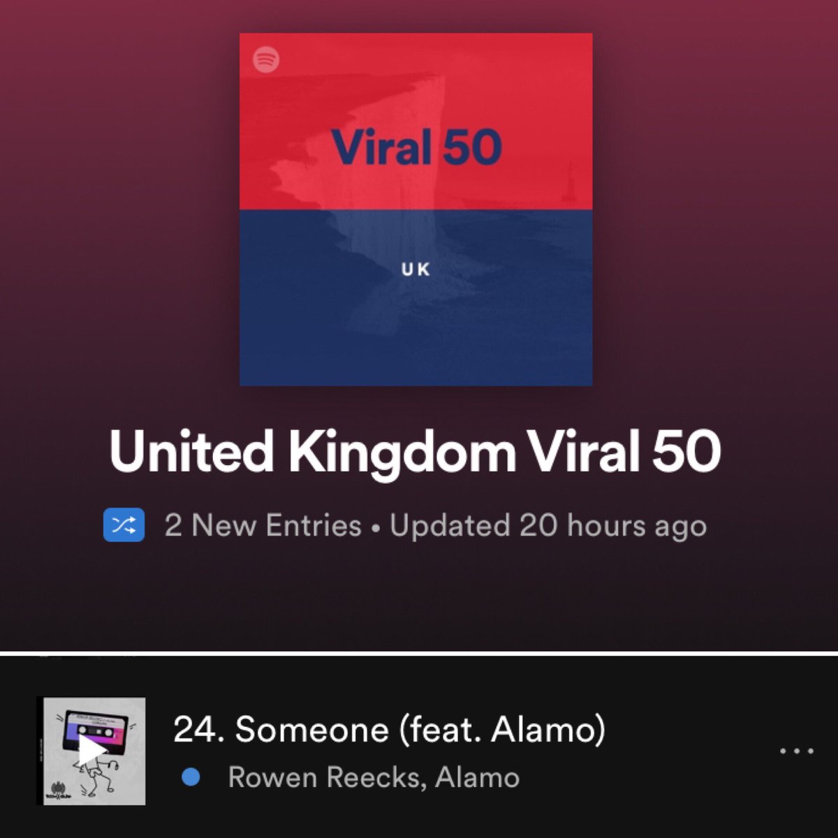 Entered the UK Viral Chart on #24 today with #SOMEONE 😱 <a href="/Spotify/">Spotify</a> <a href="/SpotifyUK/">Spotify UK & Ireland</a> open.spotify.com/user/spotifych…