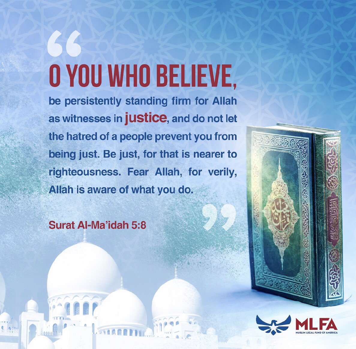 MLFA's tweet photo. Friday reflection: Justice is rooted in our religion, and upholding it leads to righteousness. Supporting work that promotes justice is an effort that will iA have its reward. #JumuahMubarak!
#jummahmubarak
#successstories #ReligiousFreedom #MLFA #CLCMA #SupportJustice https://t.co/S40q7UyJ7L
