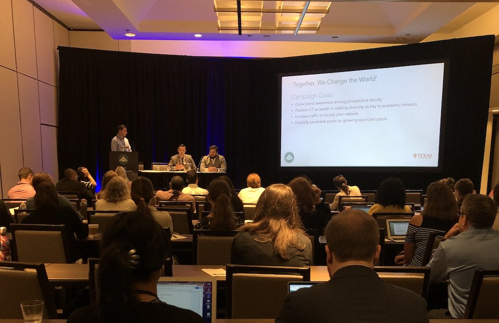 Interfolio's tweet photo. This morning Henry and Joey of @UTAustin got to showcase some #tech AND marketing savvy in a session on using Interfolio Faculty Search for diverse, equitable, and effective faculty #recruitment.
#interfoliosummit #academicjobs #hr https://t.co/g49JYBYKbX