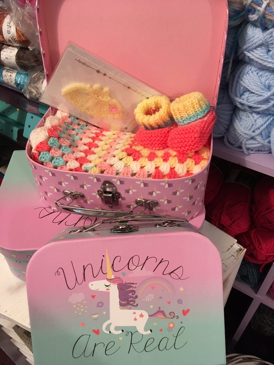 HandKnittedLove's tweet photo. Mini suitcases #peterrabbit #unicorn with a baby comforter &amp; bootees plus you could buy a handmade baby card too! #woolshop #Frodsham #indie #crochet #babycomforter #babybootees #knitting #handmade #babycards https://t.co/DCn4ueUIYq