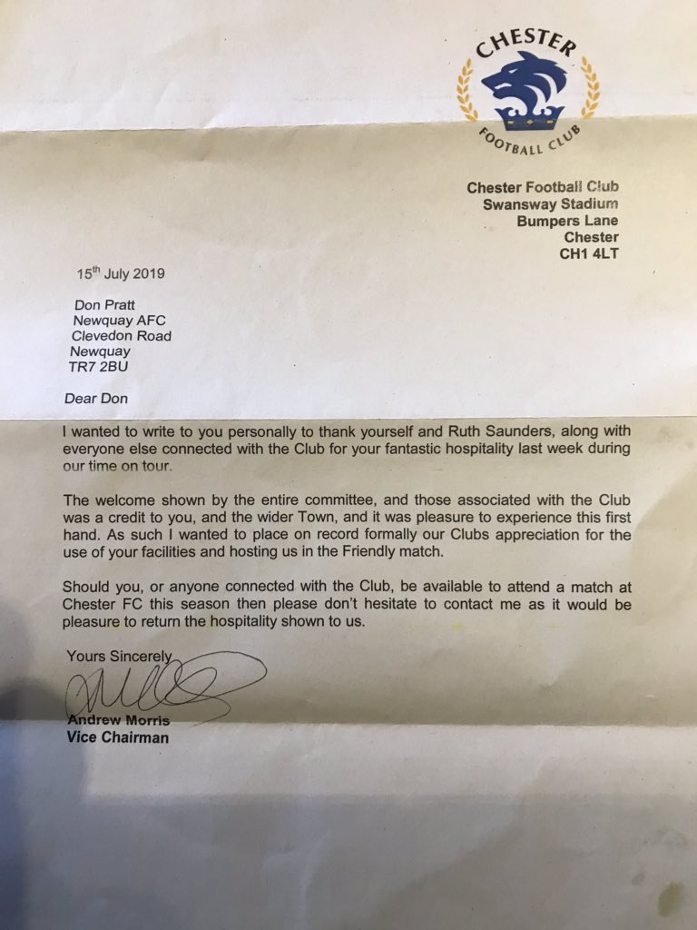 Thank you Chester FC for your letter we received it this morning.
I think some of us will take you up on your offer of a trip to Chester at some point this season.