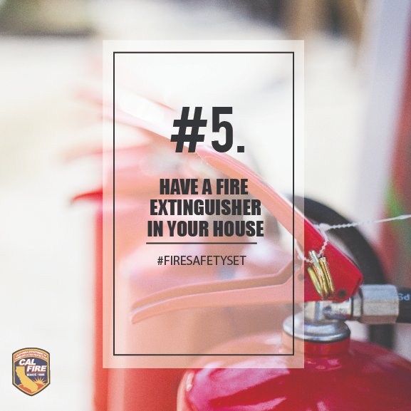 CAL_FIRE's tweet image. Having a fire extinguisher accessible in your home and training your family how to use it will help with small fire emergencies. Remember, if the fire is not contained to a small area or single object, it can be dangerous so you should leave the home and call 911. #FireSafetySet