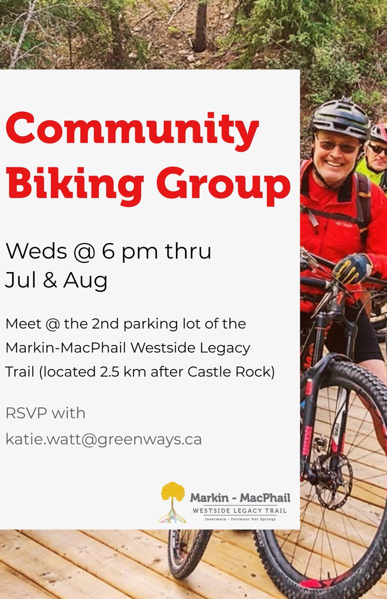 Have you heard? We have a biking group! Join us Wednesday evenings to get out and get active with your community. RSVP online at forms.gle/B1C2XUuW33FdAE… or by emailing katie.watt@greenways.ca