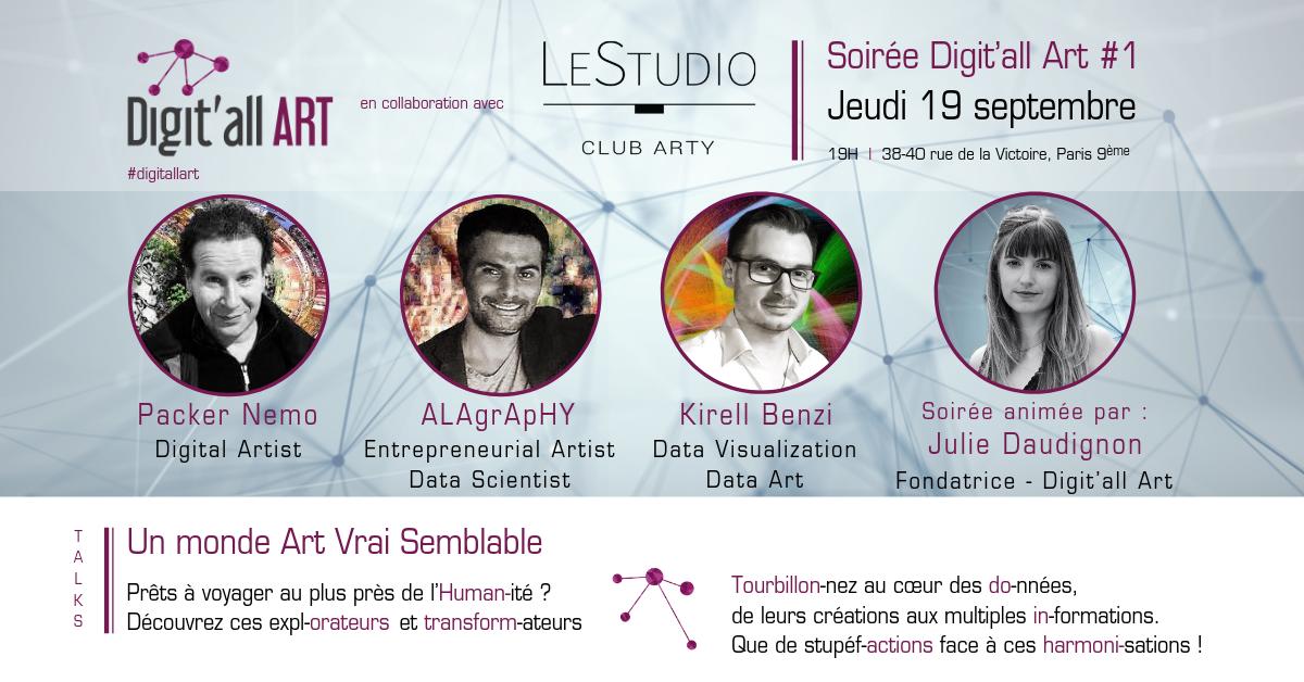 JulieDaudignon's tweet image. 🔥 M-2 [Soirée #digitallart 1 | Jeudi 19 septembre | 19h | #lestudio] 👉🏻 Au programme: #talks d'#artistesdigitaux avec @franckactisign @alagraphy @KirellBenzi #networking #animations &amp;amp; #concert avec #aion 👉🏻 Je m'inscris ici: bit.ly/DAA1-1909 GO! @digit_all_art #artdigital
