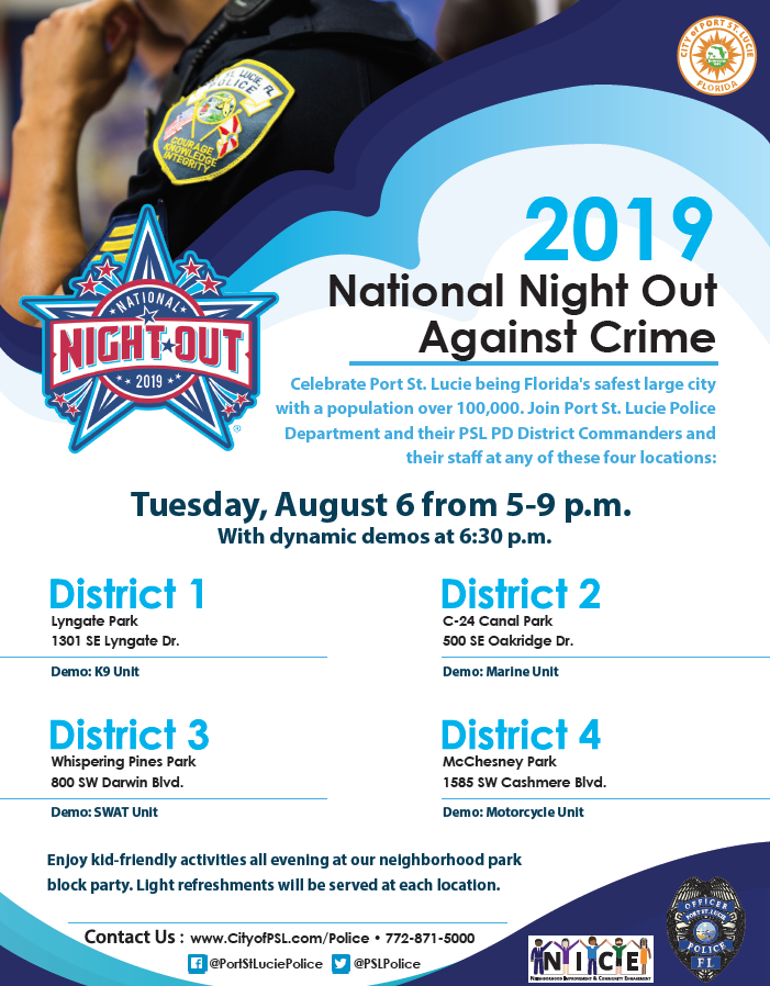 PSLPolice's tweet photo. Save the date! National Night Out Against Crime!! Celebrate PSL being Florida's safest large city with population over 100,000. Join @PSLPolice at any of the four listed locations. Enjoy your neighborhood park block party. Plus, Kid-friendly activities all evening!! See ya there! https://t.co/JLzCyTv391