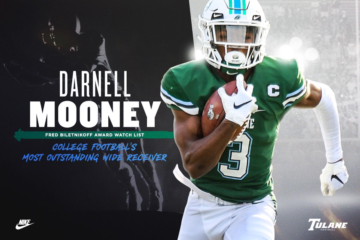 CoachWEFritz's tweet photo. Congrats to SR Wide Receiver Darnell Mooney for being named to the @biletnikoffawrd Watch List! True example of great practice habits leading to great game performance. #RollWave @Darnell_M1 https://t.co/xux7V2haOB