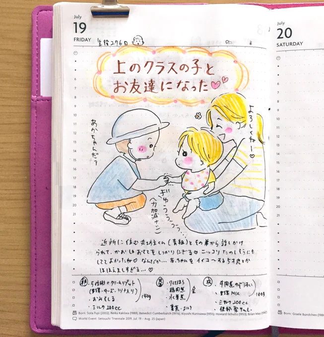 近所に住んでる園で一番上のクラスの男の子が息子に興味津々、積極的にお話ししてくれてお友達に🌟小さい二人がおてて繋ぐとか、なんて微笑ましい☺️

手帳インスタ👉 https://t.co/AlJRieku1L 
通常インスタ👉https://t.co/IcOOeC9VwU 

#手帳 #ほぼ日 #EDIT #マークス手帳 #育児日記 