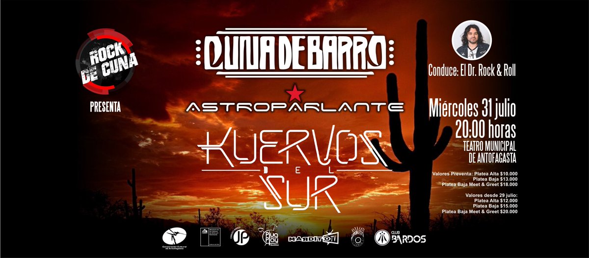 Culturaafta's tweet photo. El sonido del rock independiente aterriza en el Teatro Municipal de Antofagasta 🎸🎶
Con la destacada banda de la escena nacional Kuervos del Sur, junto a Astroparlante, Cuna de Barro y la animación del Dr. Rock &amp; Roll de Radio Futuro. https://t.co/O8BEWcWC5p
