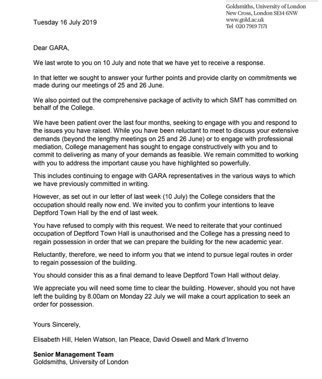 GoldAntiRacism's tweet photo. 1/18 Please retweet this thread! On July 16th SMT threatened us with eviction from Deptford Town Hall if we don't leave by 8am on Monday. Last time this happened, they put DTH in lockdown, and BME students inside were assaulted by externally hired security guards. #goldoccupy https://t.co/WlCkVO2yUM