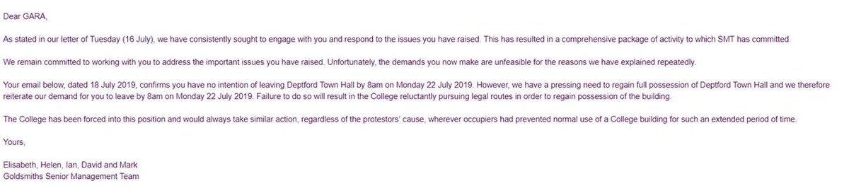 GoldAntiRacism's tweet photo. 1/18 Please retweet this thread! On July 16th SMT threatened us with eviction from Deptford Town Hall if we don't leave by 8am on Monday. Last time this happened, they put DTH in lockdown, and BME students inside were assaulted by externally hired security guards. #goldoccupy https://t.co/WlCkVO2yUM