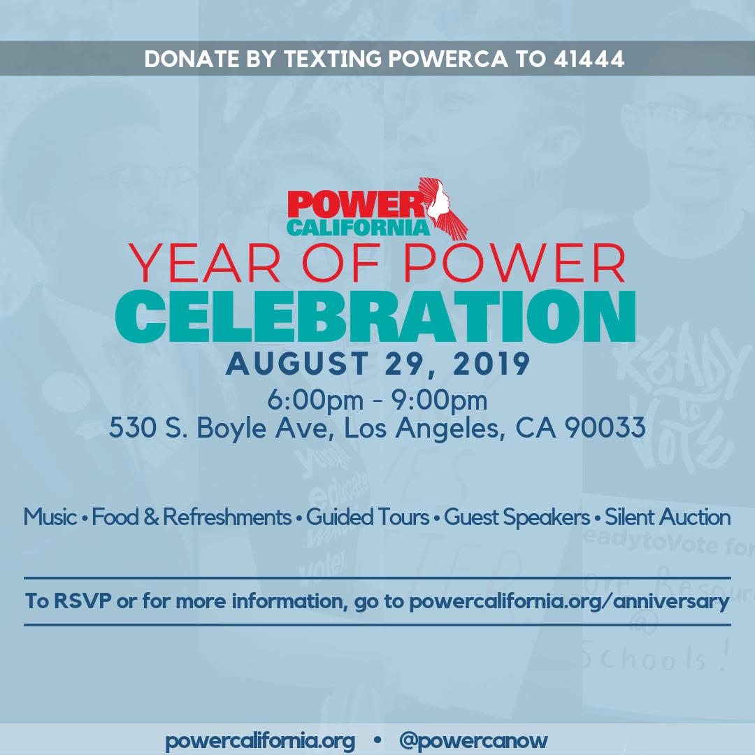 PowerCANow's tweet image. Power California is celebrating our one year anniversary!

Join us on August 29 in LA for our Year of Power event, celebrating a year of building political power for young people of color and their families!

RSVP or donate by going to: powercalifornia.org/anniversary #YearOfPower